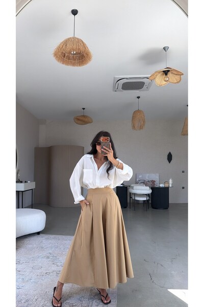Buket Teke Camel Pleated Skirt Look Premium Trousers
