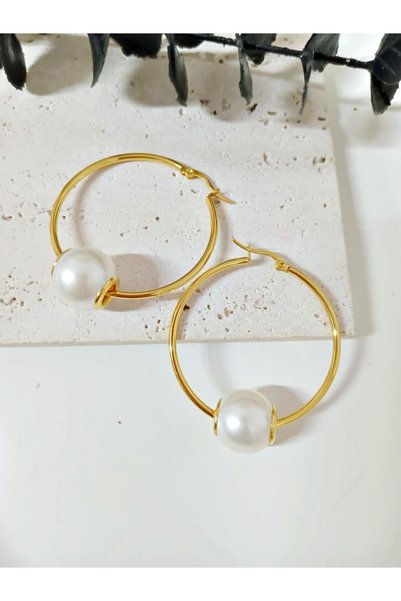 mos&more Paslanmaz Çelik İncili Gold Halka Kadın Küpe