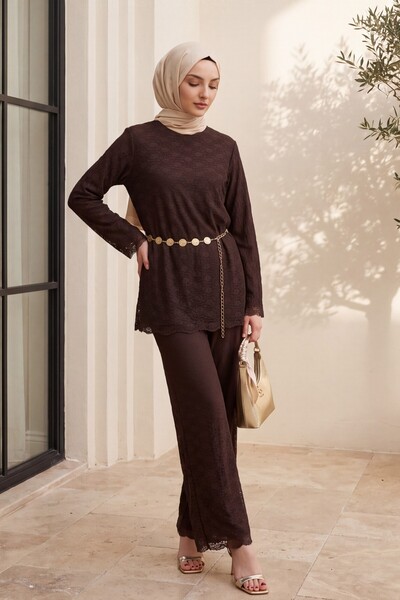 Modamorfo Round Neck Belted Lace Detailed Lined Trouser Suit -K. Coffee