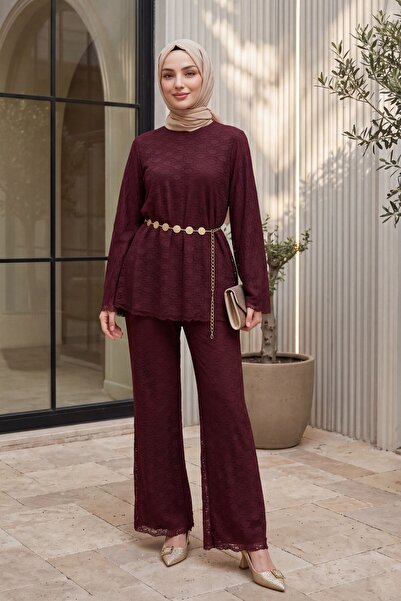 Modamorfo Round Neck Belted Lace Detailed Lined Trouser Suit - Burgundy