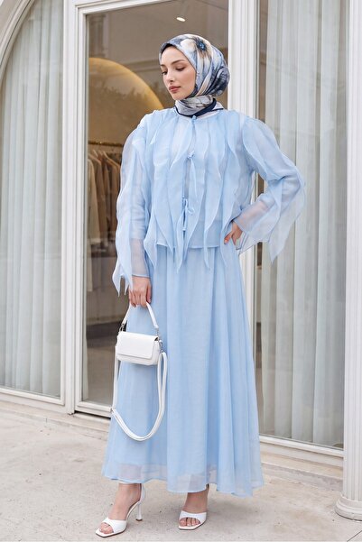 Modamorfo Tied Front Ruffled Lined Asymmetrical Cut Cupra Set - Baby Blue