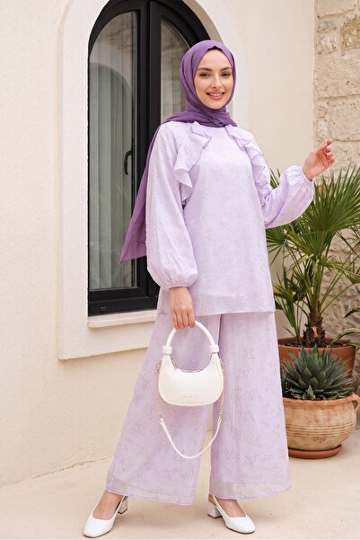 Modamorfo Crew Neck Ruffled Front Lined Voile Suit with Elastic Sleeves -Lilac