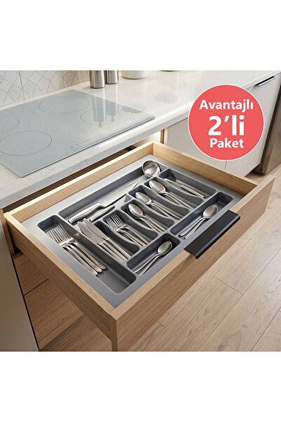 EYM 2 Drawer Cutlery 67 X 49 cm Gray Kitchen Drawer Organizer