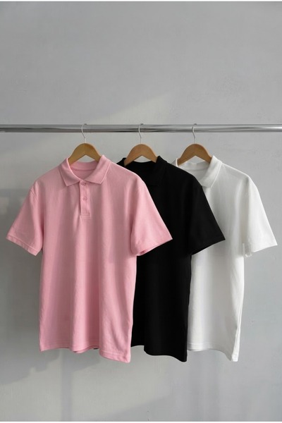 Buteks 3 Pack Pink Black White Sports Polo Neck Buttoned Cotton Casual Short ...