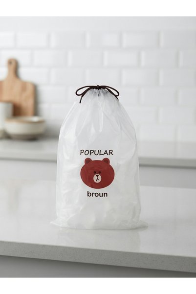 Popüler Broun Ayıcık Baskılı Lastikli Esnek Gıda ve Tabak Koruyucu Bonesi - Şeffaf Pratik Streç Poşet