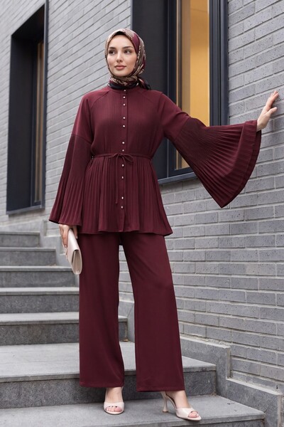 Modamorfo Piliseli High Collar Buttoned Crepe Suit - Burgundy