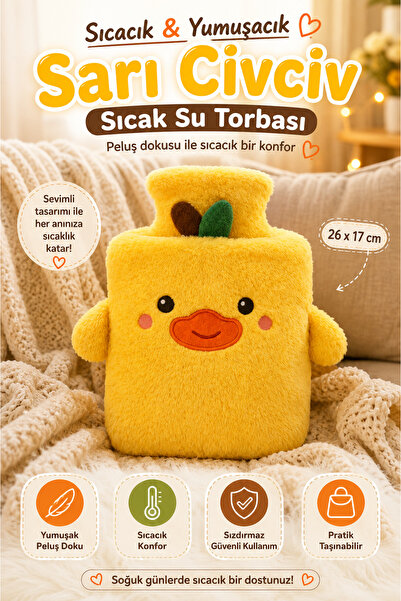 TOYFEST Sarı Civciv Peluş Sıcak Su Torbası Yumuşak Kılıflı Termofor Isınma ve...