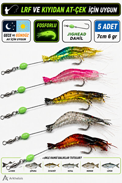 Arkhelais Karides Fosforlu Silikon Balık Yemi 7 cm 6 gr 5’li Set - Jigheadli ...