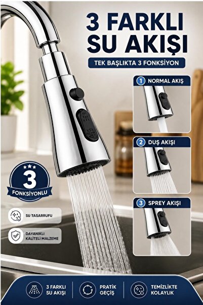 İndirimKap Krom 3 Fonksiyonlu Tasarruflu 360 Derece Döner Musluk Lavabo Başlı...