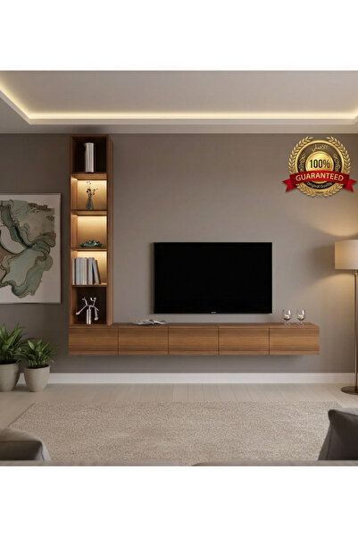 Stylish Home طاولة تلفزيون بني معلقة مع أرفف جانبية مضاءة - TV81B