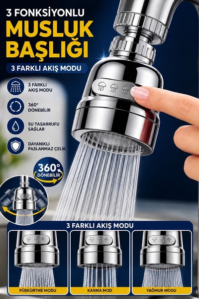 İndirimKap Krom 3 Fonksiyonlu Mutfak Lavabo Başlığı 360 Derece Döner Musluk U...
