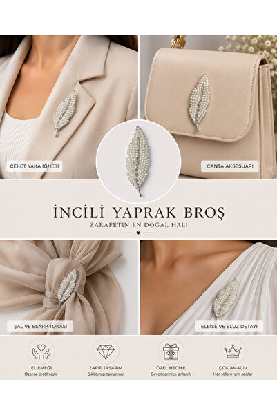 modamira İncili Yaprak Broş | Boy: 5, 3 cm - En:2,2 cm