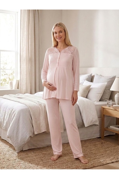 Lady Lingerie طقم بيجامة للحوامل والمرضعات - قطعتين: بلوزة بأكمام طويلة وأزرا...