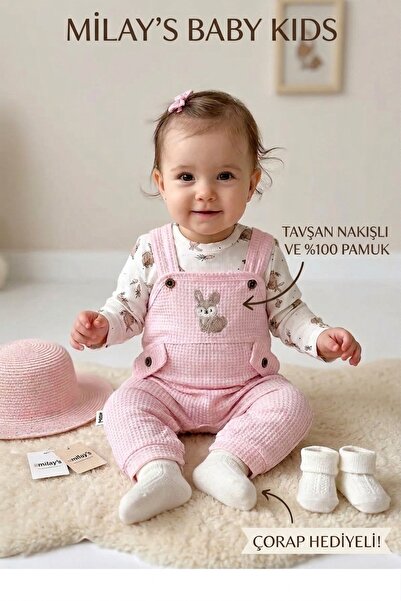 MİLAYS LİFE HOME COLLECTİON Rabbit Embroidered Baby Jumpsuit with Socks Gifte...