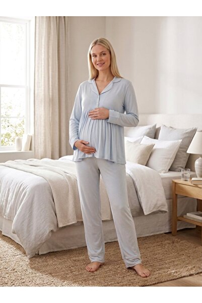 Lady Lingerie طقم بيجامة للحوامل والأمومة من قطعتين - قميص بأكمام طويلة وبنطل...