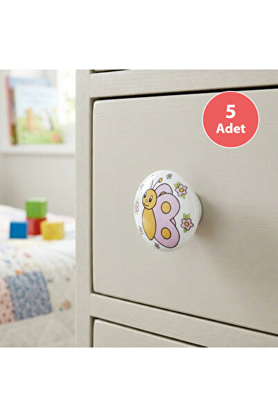 EYM 5 Pieces Bud Porcelain Button Butterfly Children's Room Furniture Handle