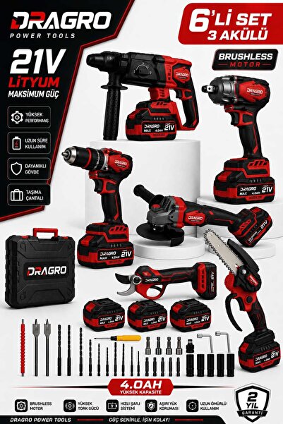 Dragro Professional 6 Lı Set 21v Darbeli Hilti Taşlama Testere Makas Matkap V...