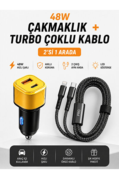 Moxti Araç İçi Çift Çıkışlı Hızlı Şarj Kablosu – Type-C ve Lightning Uyumlu, ...