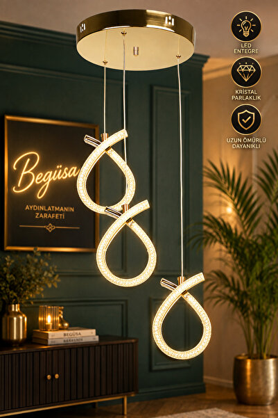 Begüsa Vena 3 Renk Ledli Salon-Oturma Odası Sarkıt 3.Lü Avize Gold
