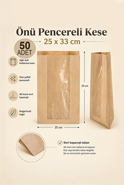 OLİ Art Kraft Pencereli Kese Kağıdı 25x33cm 50 Adet Yandan Körüklü Ambalaj Ka...