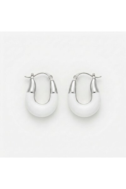 Siya Silver U Model Silver Colored Steel Earrings with White Enamel