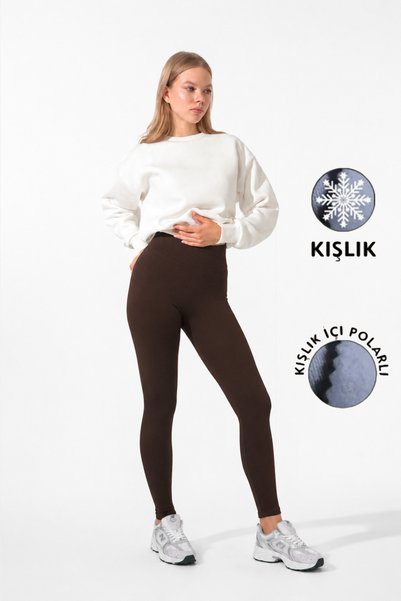 Warasiva Women's Brown Winter Fleece Inside High Waist Gathering Corset Interlock Steel Knitted Leggings