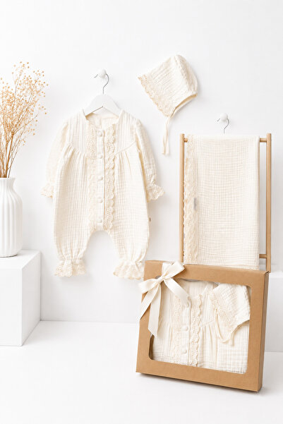 LİLİYUM Newborn 0-3 Months Muslin Hospital Release Set of 3 – Romper, Blanket...