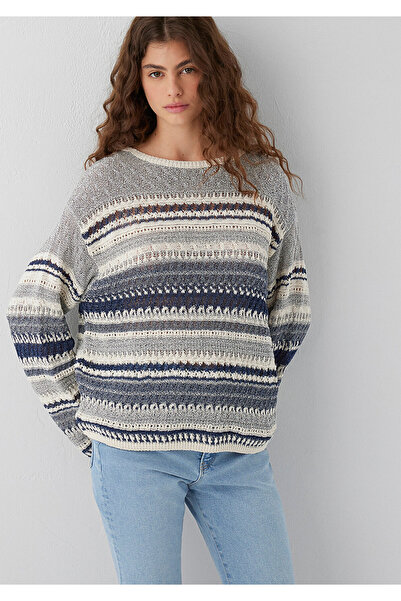Mavi Çizgili Jakarlı Kazak Loose Fit / Bol Rahat Kesim 1710973-84057
