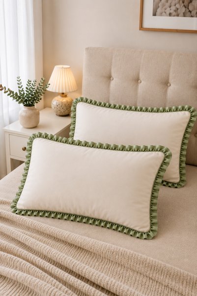 ZİLCA HOME Green Ruffled Pillowcase Set of 2 50X70 cm – with Cover, Without Zipper, Cream