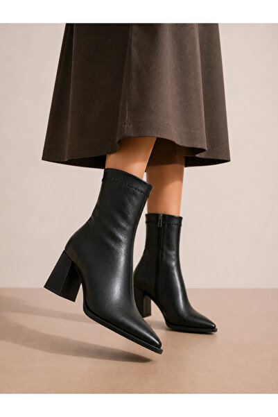 MİLOS Footwear Women's Black Leather Pointed Toe Mid-Heel Boots