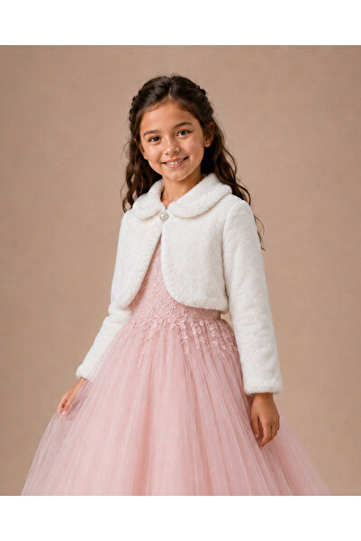 Atlas Kids Kız Çocuk ve Bebek Abiye Peluş Bolero – İnci Düğmeli Kürklü Şık Mo...