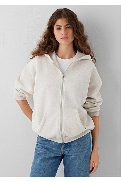Mavi Kapüşonlu Fermuarlı Bej Sweatshirt 1611775-86992