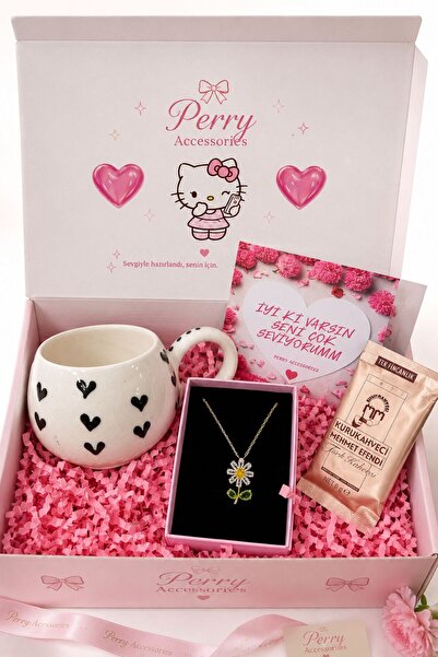 Perry Accesories kararmaz çelik papatya kolye ve seramik kupa ve kahveli hedi...