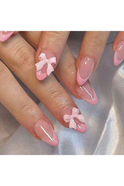 Choice WHITE 24PCS Almond Medium Pink French Fake Nails Press Glossy Glue 0n ...