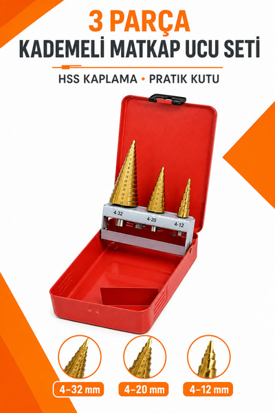 Trendhane 3 Parça Kademeli HSS Kaplama Matkap Ucu Seti Metal Ahşap Plastik