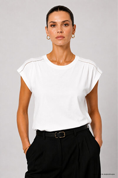 WILD BEE Women's Ecru Accessory Detailed Cotton Modal Crew Neck Short Sleeve ...