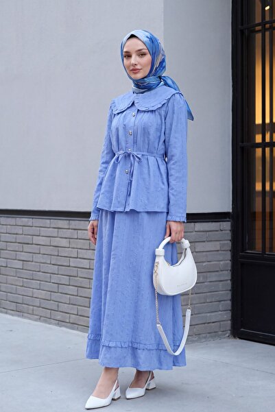 Modamorfo Baby Collar, Laced, Buttoned, Skirted, Lined, Linen Look Suit - Blue