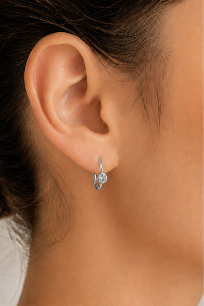 jelux silver Gümüş 925 Ayar 12 MM Minimal Zirkon Taşlı Halka Kadın Küpe