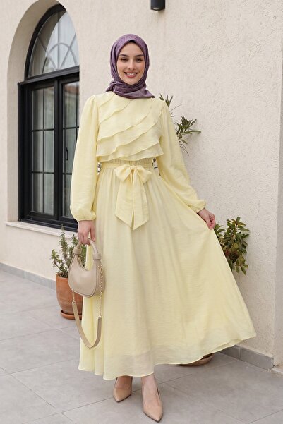 Modamorfo Elastic Waist Belted, Pleated Front, Balloon Sleeve Lined Chiffon D...