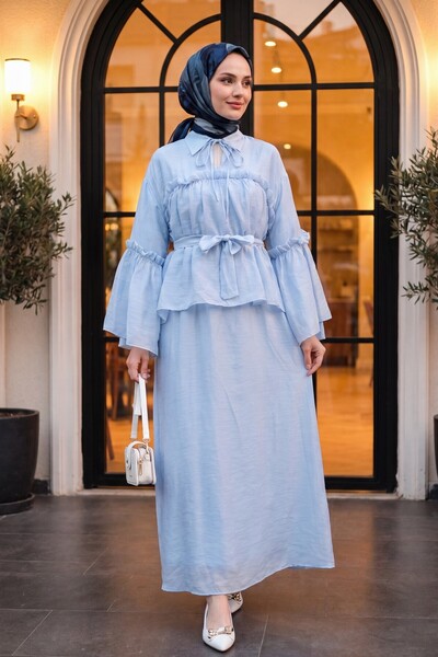 Modamorfo Tulle Voile Dress with Tie Collar, Ruffle Detail, Lining and Belt -...