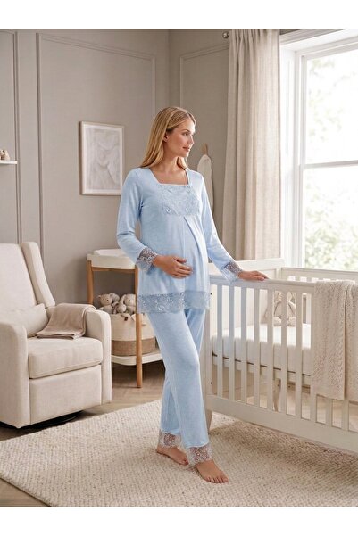 Lady Lingerie طقم بيجامة نسائي للحوامل والمرضعات من قطعتين - قميص بأكمام طويلة وأزرار أمامية وبنطلون بخصر قابل للتعديل مع تفاصيل دانتيل |   خليط القطن والفيسكوز |   صنع في تركيا