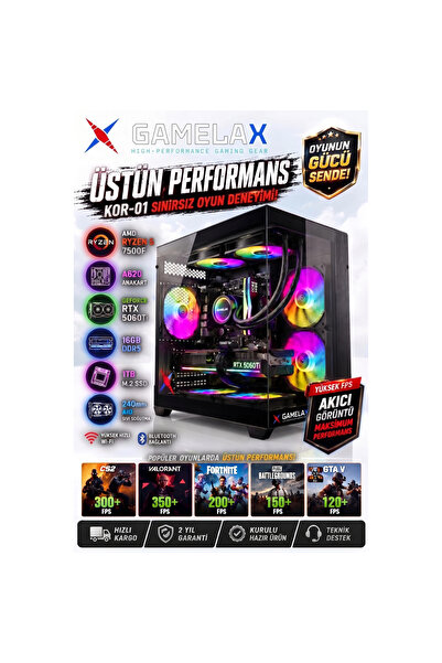 Gamelax KOR-01 AMD Ryzen5 7500F RTX5060 Tİ 8GB 16GB DDR5 Ram 1TB M.2 SSD 240M...