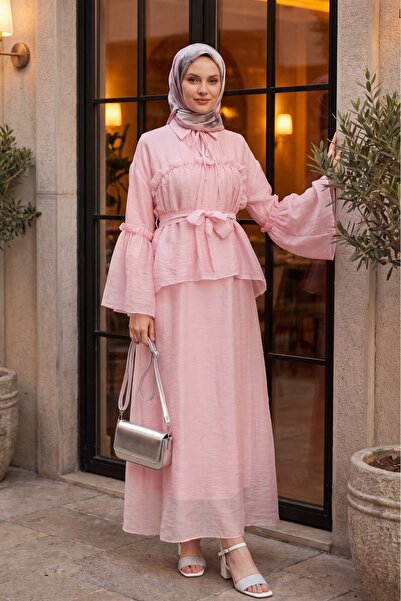 Modamorfo Tulle Voile Dress with Tie Collar, Ruffle Detail, Lining, and Belt ...