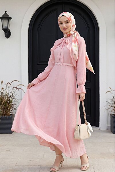 Modamorfo Removable Bolero Belted Lined Double Tulle Voile Dress -Powder