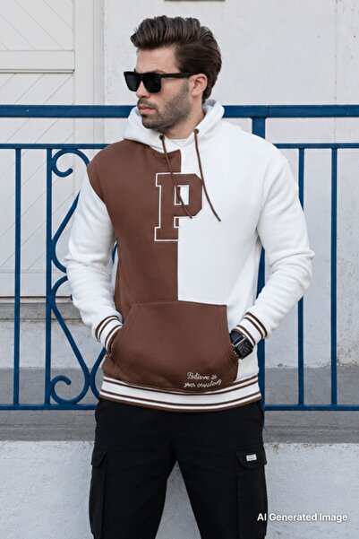 Madmext Ecru Color Block Hooded Printed Men's Sweatshirt 7078