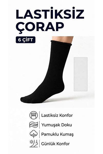 mühendislersocks Pamuklu 6 çift Lastiksiz Çorap – Diyabetik Dostu – siyah– Es...