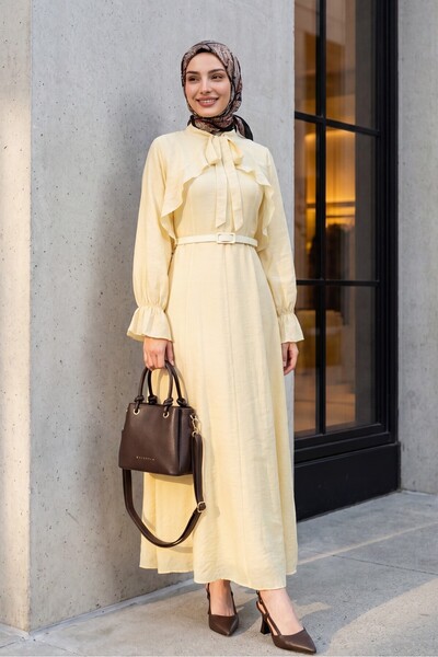 Modamorfo Removable Bolero Belted Lined Double Tulle Voile Dress - Yellow