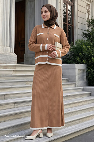 InStyle Camel Knitwear Set with Skirt and Stripe Cardigan
