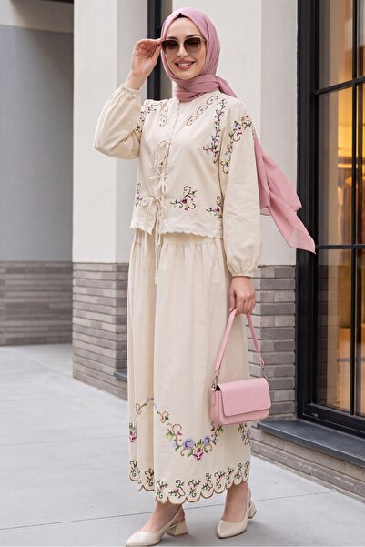 Modamorfo Cross-Stitch Embroidered Scalloped Sleeve Elasticized Lace-Up Skirt...