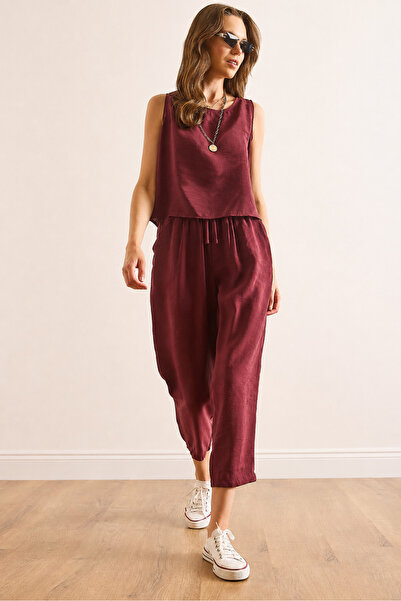 Olalook Women's Burgundy Top Blouse Bottom Pocket Pants Soft Texture Suit Tkm...